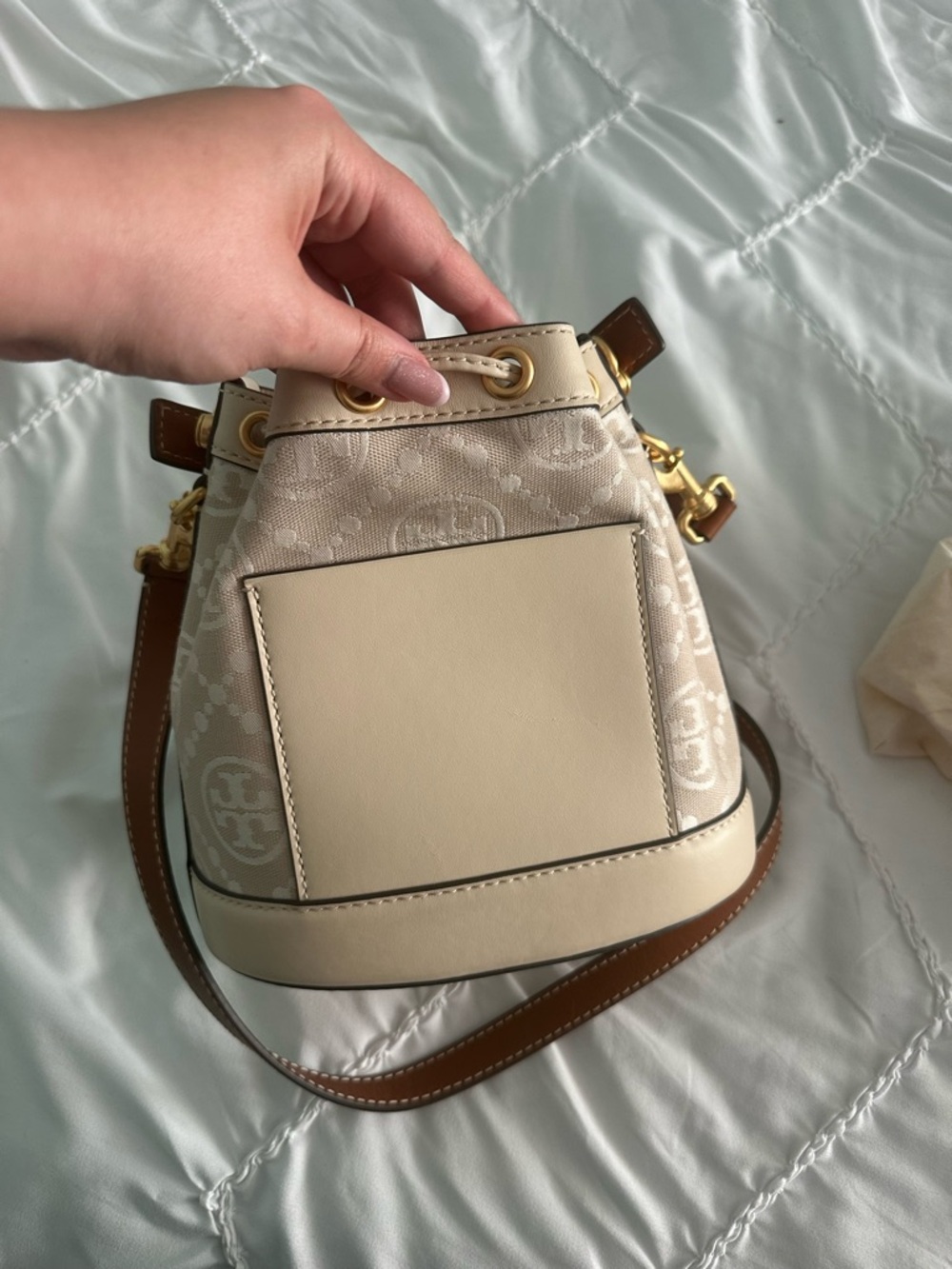 Tory Burch Neutral Beige Mini Drawstring Bucket Bag with Brown Strap - Picture 3 of 5